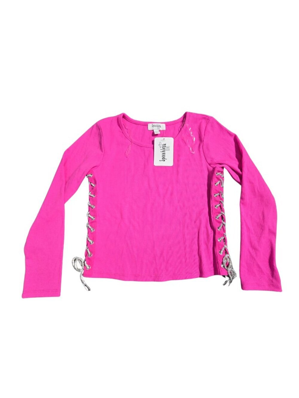 NWT Speechless Kids Pink Ribbed Long Sleeve Top Rhinestone Lace-Up Sides Medium